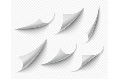 Curled corners. White transparent empty curve pages vector realistic t