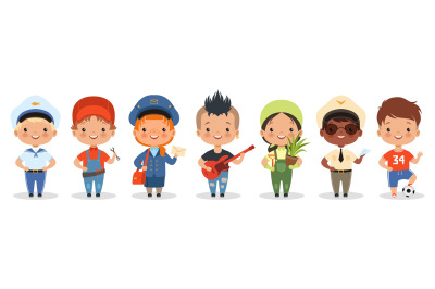 Kids professions. Cartoon happy children different professions vector