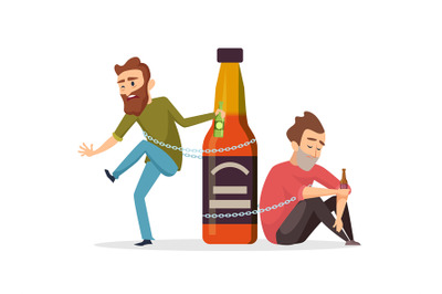 Alcohol addict. Drunk men, alcohol abuse vector illustration. Alcoholi