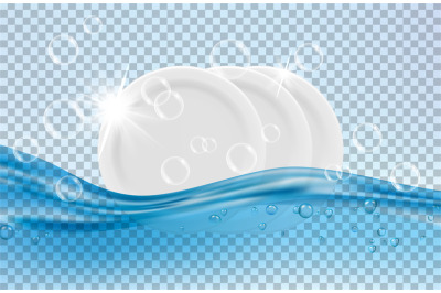 Clean dishes. White plates, water and soap bubbles vector illustration