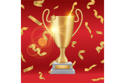 Realistic gold trophy. Falling golden confetti, vector award winner cu