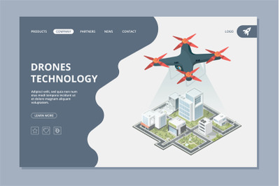 Drones technology. Landing smart city isometric flying digital camera