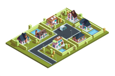 Cottage village isometric. Suburban modern residential houses townhous