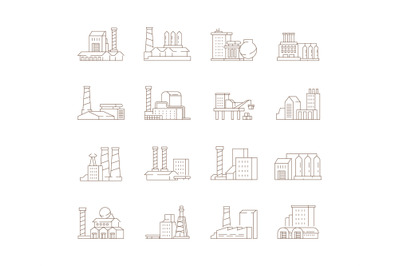 Factory symbols. Industrial city smoke pipe energy production building