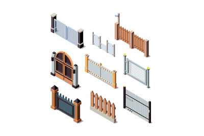 Construction fences. Garden door gate metals or wooden panels railing