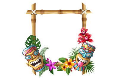 Tiki mask and frame. Hawaii authentic background bamboo square sticks