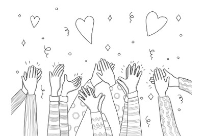 Applause hands. Crowd people handed applause fun vector sketch doodles