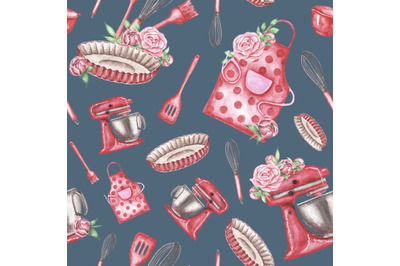 Baking watercolor seamless pattern. Confectionery, baker, cookbook