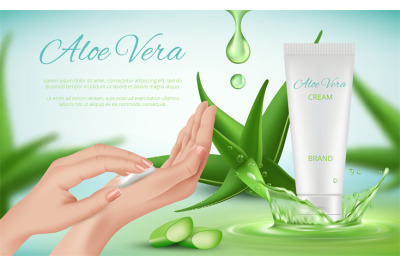 Aloe vera cream. Woman skin care ads hands cosmetics tubes splashes gr