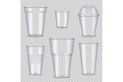 Plastic cups. Transparent empty vessel for beverage food and drinks te