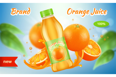 Orange ads. Placard vitamins juice bottle with splashes fruits spray v