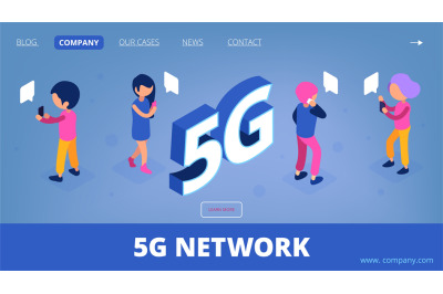 5g isometric. Vector wireless net landing page. 3D people characters w