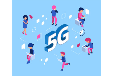 5G network concept. Isometric 5g wifi net. Vector 3D people with smart