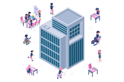 Modern business office. Isometric building and business people. Vector