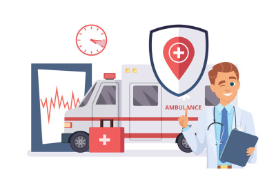 Health insurance concept. Doctor&2C; ambulance car flat illustration. Med