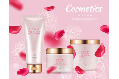 AD cosmetics poster. Realistic cream packaging, flying roses petals. V