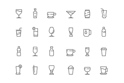 Drinks symbols. Cups and glasses of hot and cold drinks soda water cof