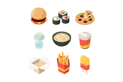 Junk food. Unhealthy products burger pizza hot dog fast food isometric