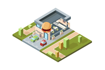 Pizzeria exterior. Modern urban fast food restaurant city isometric ma