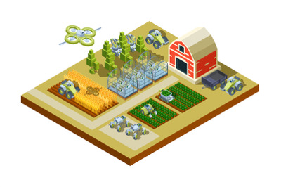 Smart farm buildings. Big household agriculture machinery feed tractor