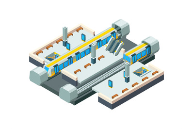 City metro station. Urban subway tunnel with railway train vector isom