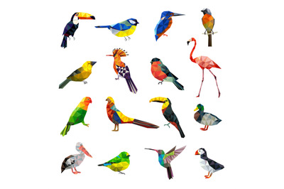 Polygonal birds. Geometrical stylized animals set flying colored birds