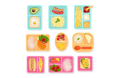 School food top view. Lunch boxes for children sort cases for products