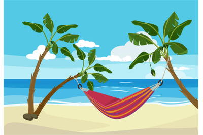 Hammock beach. Tropical background rest place between palm trees outdo