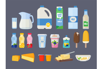 Dairy foods. Cow milk yogurt ice cream cheese sour cream kefir cottage
