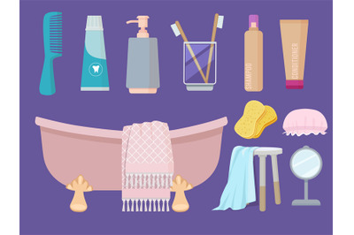 Hygiene items. Body care gel soap sink brush towel sponge paste bathro