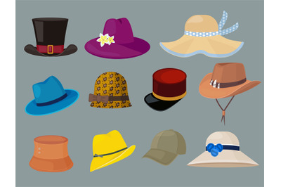 Hats. Fashion clothes for stylish man and woman wardrobe vector cartoo