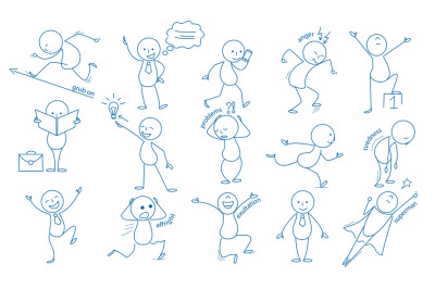 Business stickman. Hand drawn characters people figures expressions ju