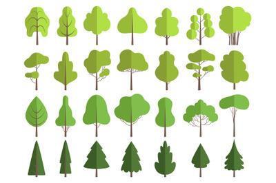 Flat green trees. Nature plants clean shaping forms vector collection