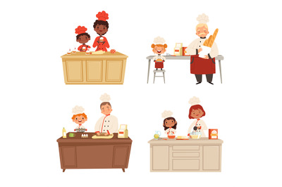 Kids cooking. Chef uniform making food with adults cook male and femal