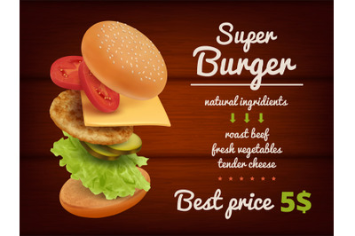 Fast food poster. Hamburger flying delicious ingredients meal vegetabl