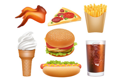 Fast food realistic. Lunch pizza chicken hamburger hot dog drinks fren