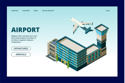 Airport landing page. Departures arrivals info banner. 3D airport term