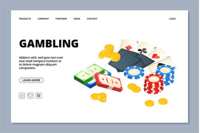 Gambling web page. Isometric board games banner template. Vector money