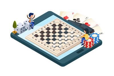 Online board game. Isometric phone with checkers game. Vector gamers c