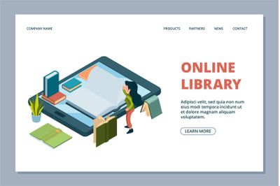 Online library landing page. Isometric books and reading girl vector i