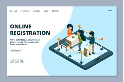 Online registration landing page. Isometric front desk, passengers wit