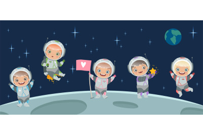 Kids astronaut on moon. Space background illustration. Cartoon charact