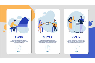 Music mobile app pages. Piano violin guitar vocal vector concept. Flat