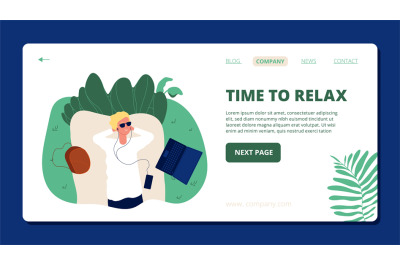 Relax landing page. Happy boy relaxing on nature. Vector flat guy happ