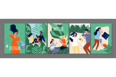 Relax time cards. Happy people relaxing on nature. Flat vector couples