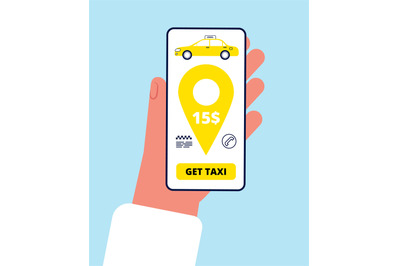 Taxi order online. Smartphone app hand holding telephone and press but