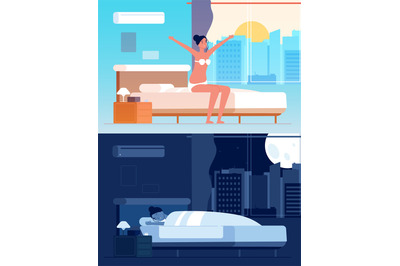 Girl wake up. Female character sleeping in bed morning waking vector c