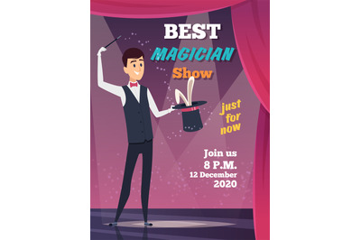 Magic show poster. Magician character show tricks wizard with mystery