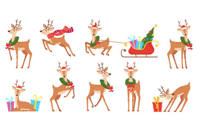 Cartoon deer. Winter celebration fairytale animals reindeer running ve