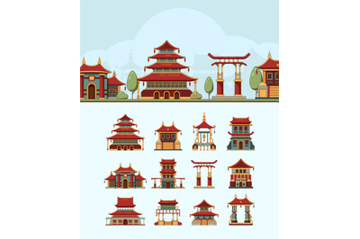 China houses. Traditional east buildings beautiful roof japan architec